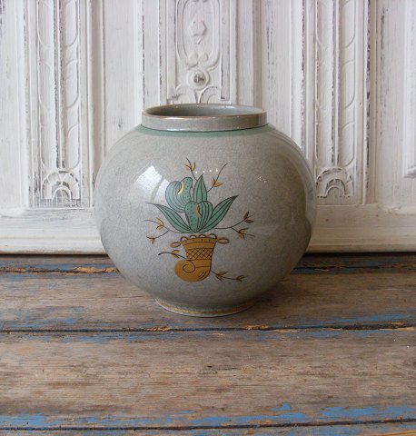 Lyngby - stor krakelé kugle vase i grå og grønne farver no. 72-4/3028