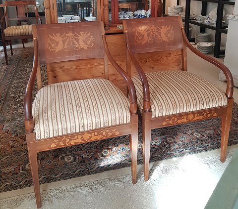 Pair of Empire armchairs in mahogany with nice intarsia work