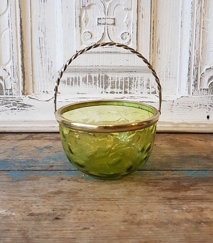 19th century sugar bowl in beautiful olive green glass with brass mounting