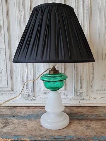 1800s opaline lamp with oil container in emerald green glass