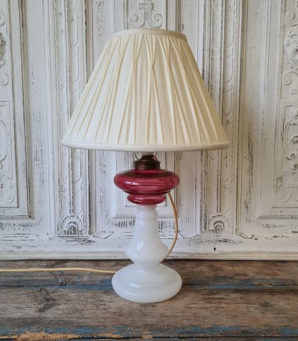 1800s opaline lamp with oil container in pink / raspberry colored glass