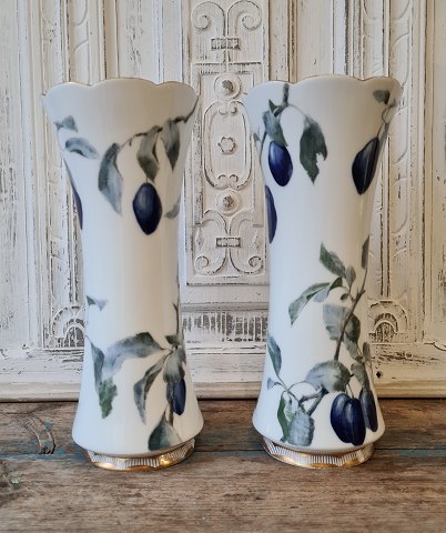 Royal Copenhagen unique Art Nouveau pair of decorative vases decorated with 
plums around 1890