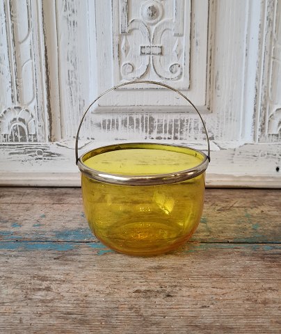 1800s sugar bowl in beautiful yellow glass with brass mounting