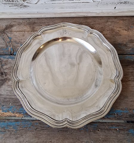French 1800s silver plated dish with monogram 29.5 cm.