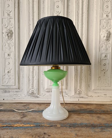 1800s opaline lamp with oil container in green opal glass