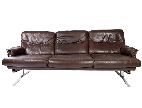 Three-person sofa - Brown patinated leather - Metal frame - Arne Norell - 1970
