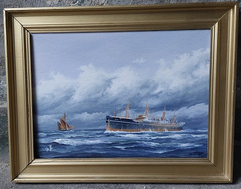 Maleri: Motiv med fragtskib