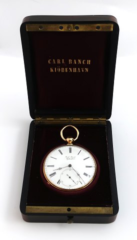 Carl Ranch, Copenhagen. Gold pocket watch 18K (750). Diameter 51 mm. Clockwork 
works. In original box. Hair crack in the dial.
