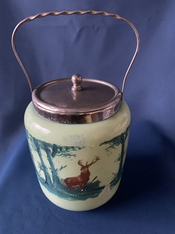 Biscuit bucket in glass.
Height with handle 23.5 cm.