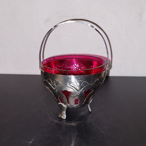 Sukkerskål I rosafarvet glas i sølvplet holder