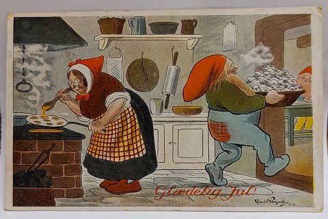 Julekort: Nisser laver æbleskiver af.Carl.Røgind
