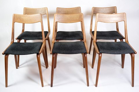 Set of 6 Dining Room Chairs - Boomerang Chair - Model 370 - Teak - Black Leather 
- Alfred Christensen - Slagelse Møbelværk - 1950
Great condition
