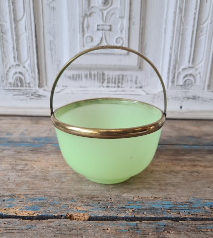 19th century sugar bowl in light green opaline glass with brass mounting