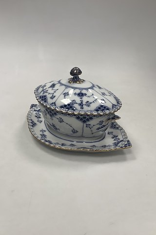 Royal Copenhagen Blue Fluted Full Lace with gold Gravy Boat with lid and 
attached stand No 1106