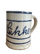 Almue earthenware mug with handle, Denmark. White coating with blue paint and 
clear glaze. Late 1800s.
