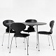 Arne Jacobsen / Fritz Hansen
100 års-jubilæumssæt bestående af 1x Æggebord/Myrebord og 4x Myre-stole i 
sortlaseret eg på stel af stål.
1 stk. på lager
Pæn, brugt stand

