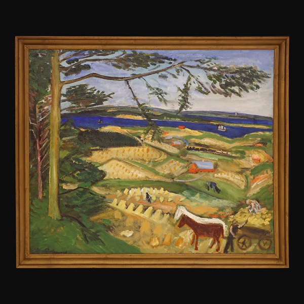 Jens Søndergaard, 1895-1957, "Landscape", oil on canvas. Signed and dated 1938. 
Visible size. 79x95cm. With frame: 88x104cm