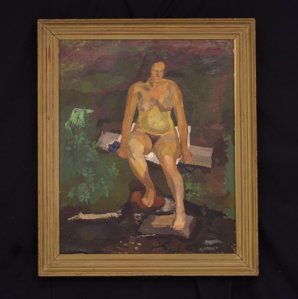 Sven Ljungberg, 1913-2010, Sverige: Nøgen kvinde i have. Olie på lærred. 
Signeret og dateret 1942. Lysmål: 76x60cm. Med ramme: 92x76cm