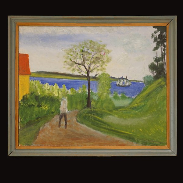 Jens Søndergaard, 1895-1957: "Fjorden ved .....", olie på lærred. Signeret og 
dateret 1952. Hidrørende fra boet efter Anelise Søndergaard. Lysmål: 66x79cm. 
Med ramme: 77x90cm