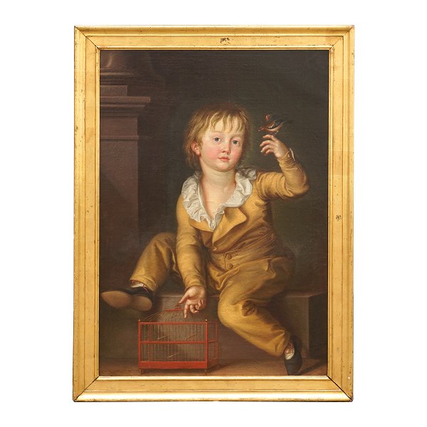 Carl Probsthayn, 1770-1818, olie på lærred. Motiv i form af dreng med i gul 
dragt med fugl og fuglebur. Signeret "C. Probsthayn 03". Lysmål: 92x63cm. Med 
ramme: 107x78cm