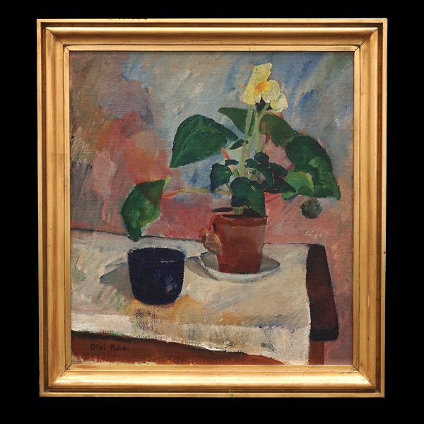 Olaf Rude maleri. Olaf Rude, 1886-1957, olie på lærred. Opstilling med 
potteplante og keramik skål på bord. Signeret Olaf Rude. Lysmål: 73x66cm. Med 
ramme: 87x80cm