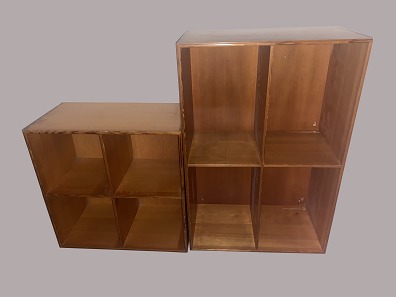 Two bookcases
Rud. Rasmussen
Oregon pine
Small: 
H: 50 cm; W: 50 cm, D: 28 cm, 1200 kr.
Big: 
H: 76 cm, B: 50 cm, D: 28 cm, 1600 kr.
Wear and tear, with holes
Mogens Koch
2

