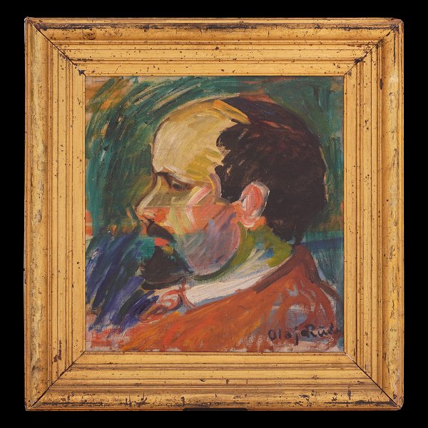 Olaf Rude kunstnerportræt. Olaf Rude, 1886-1957, olie på lærred. Portræt af 
kollegaen og den nære ven Axel P. Jensen. Signeret. Hidrørende fra boet efter 
Axel P. Jensen. Lysmål: 43x40cm. Med ramme 62x59cm