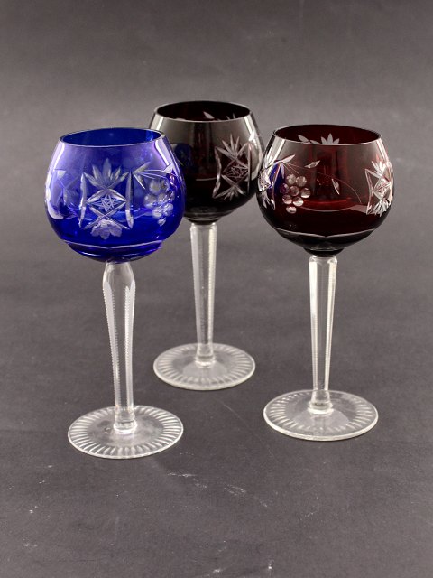 Set on 3 colored Bohemian wine glasses