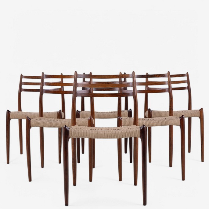 N. O. Møller / J. L. Møllers Møbelfabrik.
NO 78 - Set of 6 dining chairs in rosewood with seat in new paper yarn.
1 set in stock
