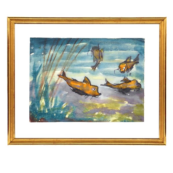 Emil Nolde akvarel. Emil Nolde, 1867-1956, akvarel med motiv i form fire fisk. Signeret "Nolde". Lysmål: 36x47cm. Med ramme: 53x65cm
