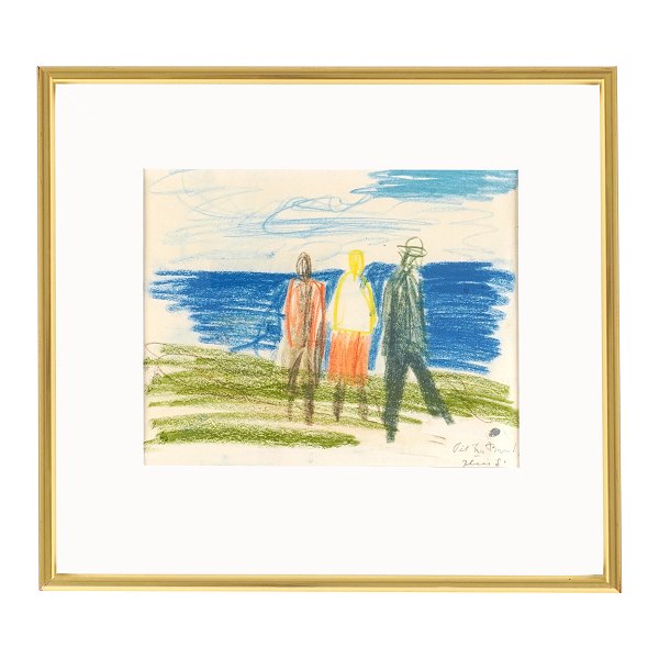 Jens Søndergaard tegning, kridt på papir. Motiv i form af tre personer ved havet. Signeret med dedikation. Lysmål: 24x30cm. Med ramme: 41,5x45,5cm