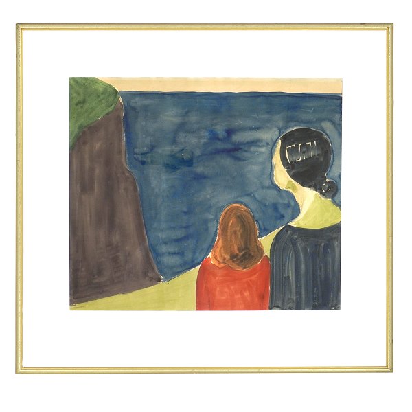 Samuel Joensen-Mikines akvarel. Samuel Joensen-Mikines, 1906-79, akvarel. Moder med datter. På bagside signeret og dateret "Hestur  S. J. Mikines 1940". Lysmål: 43x50cm. Med ramme: 65x69cm