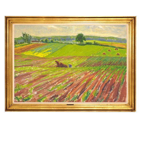 Jais Nielsen maleri. Jais Nielsen, 1885-1961, olie på lærred. Landskab, sensommer. Signeret og dateret 1946. Lysmål: 78x112cm. Med ramme: 95x129cm